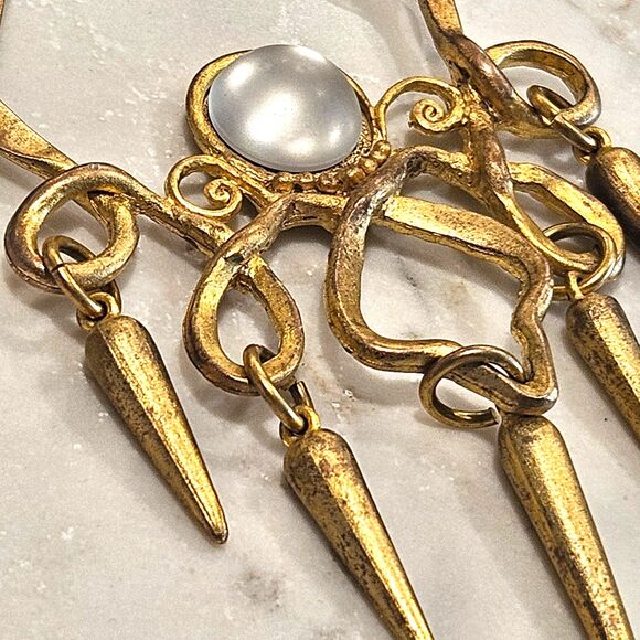 Fairycore Magic Moonstone Boho Art Nouveau Fringe Pendant Necklace Matte Gold - Picture 3 of 6